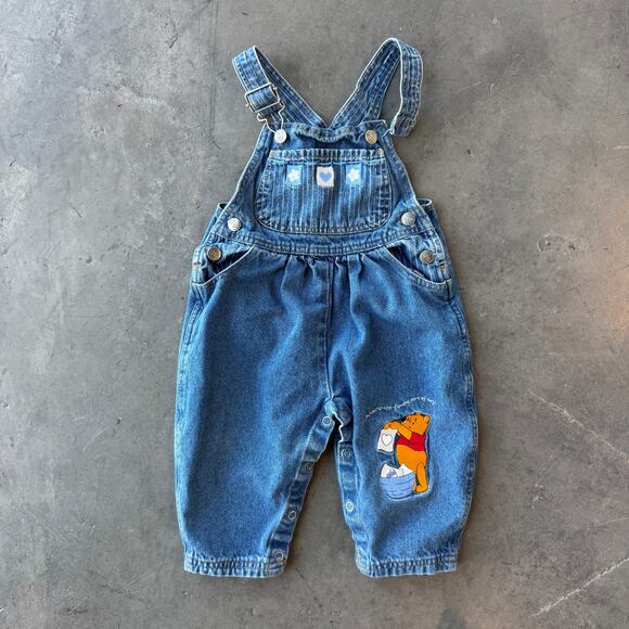 Disney Other - Vintage Y2K Disney Winnie the Pooh Blue Denim Overalls Jumpsuit Baby Girl 18 Mos